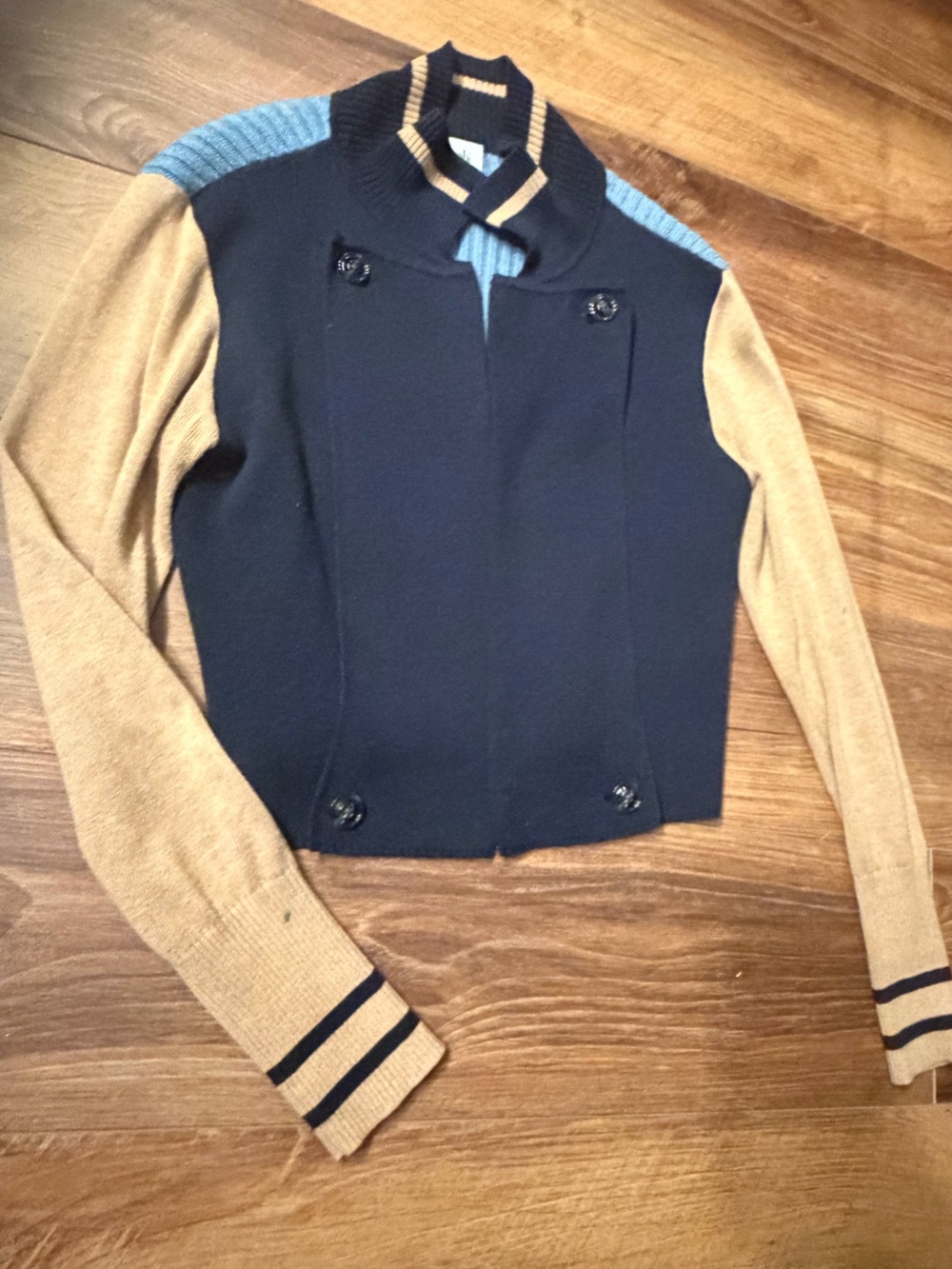 CAbi Navy, Tan & Light Blue Women's Zip-Up Colorblock Jacket